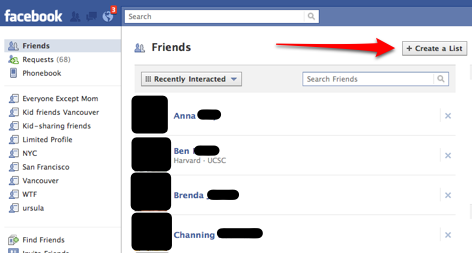 "Create a friend list" button on "Friends" page