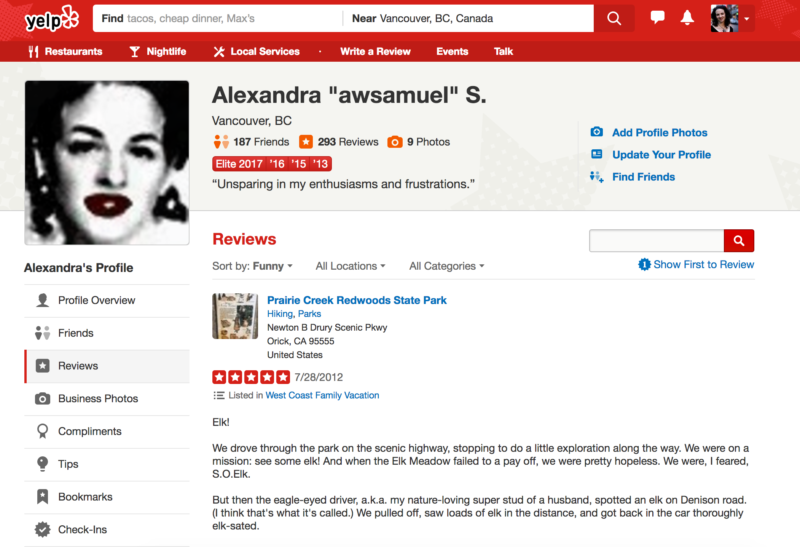 Snapshot of Alex's yelp profile