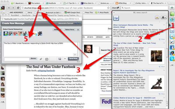 Arrows show how user can complete all 5 steps of viewing & sharing a post on HootSuite from within RockMelt's main window.