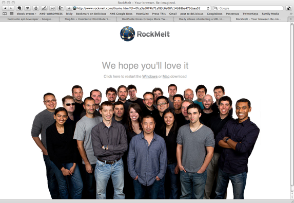RockMelt's download page shows photograph of a large group of RockMelt employees.