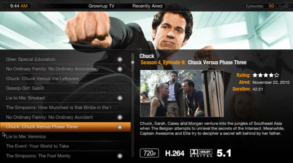 Plex "recently aired" window shows list of shows with a show image and description for the selected=