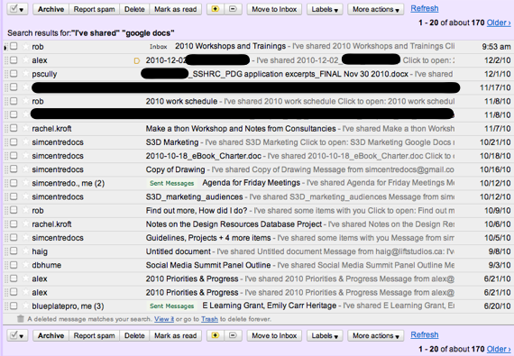 Gmail window displaying many invitations to Google Docs