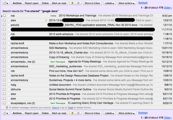 Google Docs notifications Gmail window displaying many invitations to Google Docs