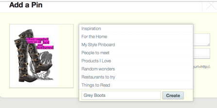 Choosing a category from the dropdown menu in the Pinterest bookmarklet.