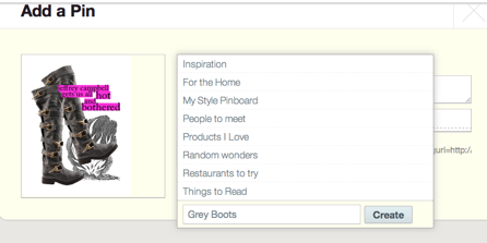 Pinterest Bookmarklet Choosing a category from the dropdown menu in the Pinterest bookmarklet.