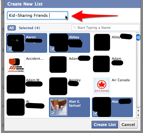 Choose friends to add to list by clicking names