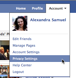 Privacy settings accessible under "Account" menu