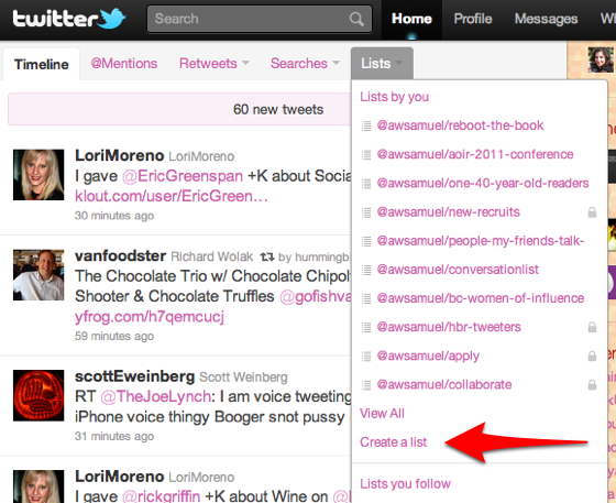 Twitter "create list" link appears under "lists" on Twitter web interface