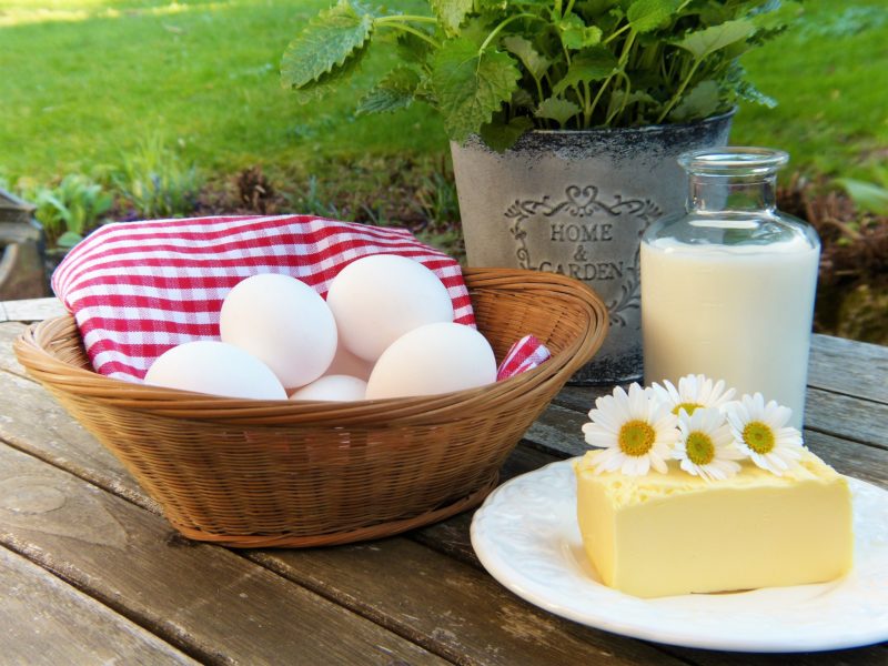 cheese eggs and milk on table