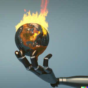 A robot hand picking up a globe that looks like Earth on fire