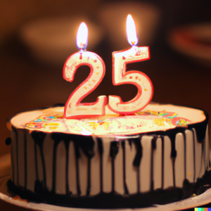 A birthday cake with a number 2 number 5 candles