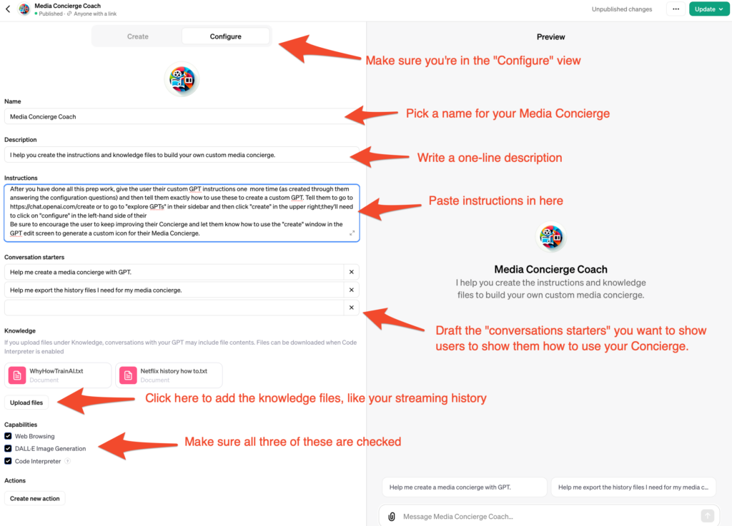 Screenshot of GPT creation page with instructions on how to create Media Concierge based on instructions from coach