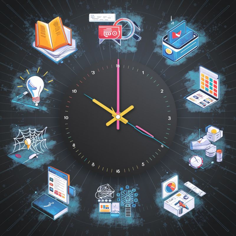 A futuristic and conceptual digital illustration featuring a modern central clock with the centered text "AI Around the Clock." The clock displays hours along with motifs representing everyday activities enhanced by AI, with only very abstract suggestions of actual, racially and gender diverse people: 1. library research. 2. summarizing complex emails 3. brainstorming 4. categorizing data in a spreadsheet 5. scraping web pages 6. journalism and reporting 7. utilizing AI to help with complex spreadhseet formulas. 8. speaking into a smartphone, summarizing a day via a voice-to-text interaction