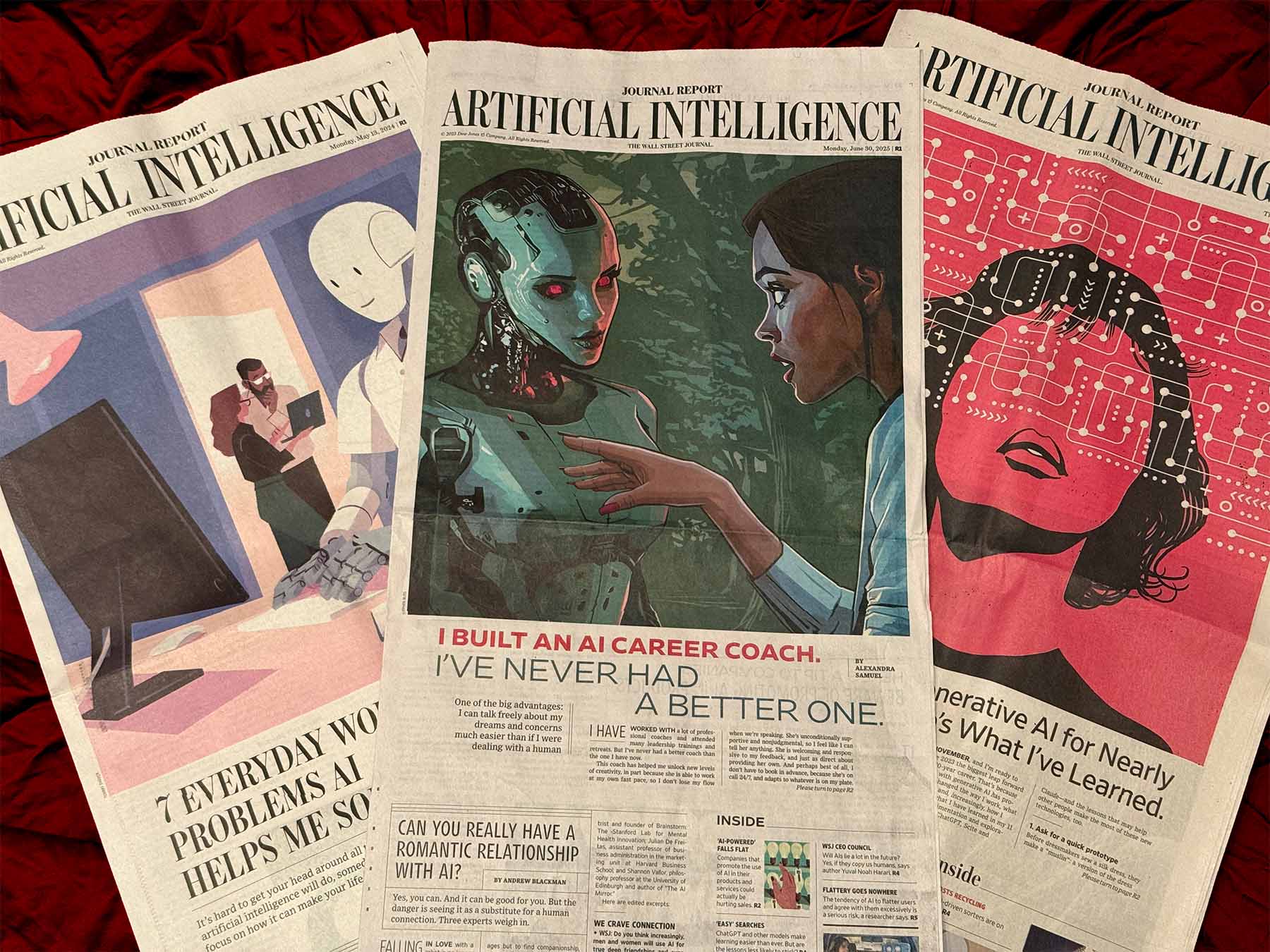 Three front pages of the WSJ Artificial Intelligence section with stories by Alexandra