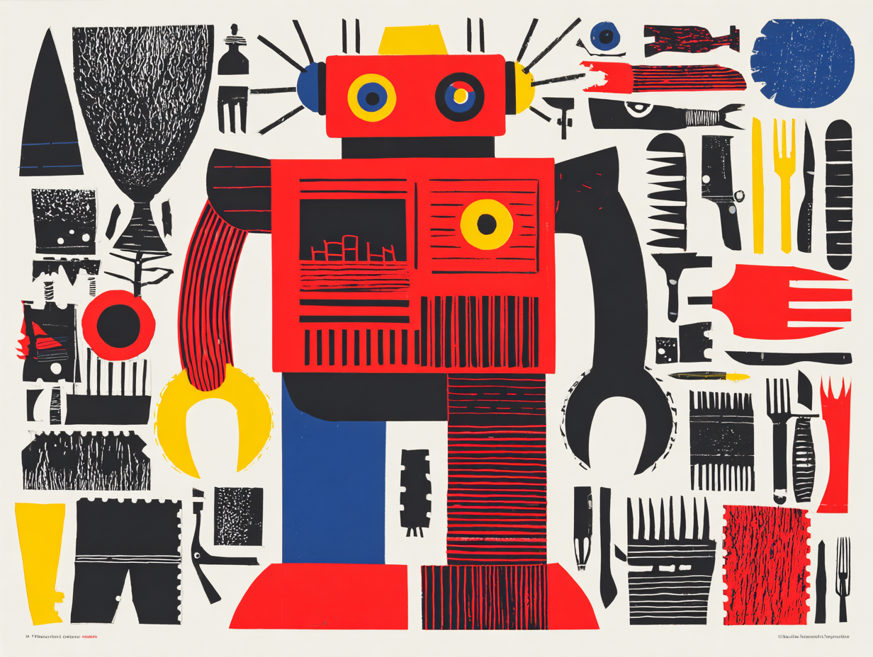 abstract linocut print of robot surrounded by tools and parts